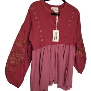 🟢 3/$30 Samantha Jane Embroidered top NEW burgundy floral flowy boho peasant